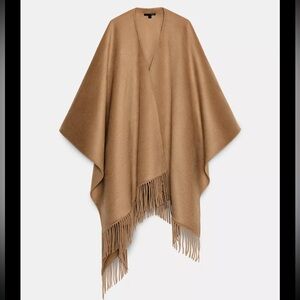 Zara fringed long wool Cape, mid camel